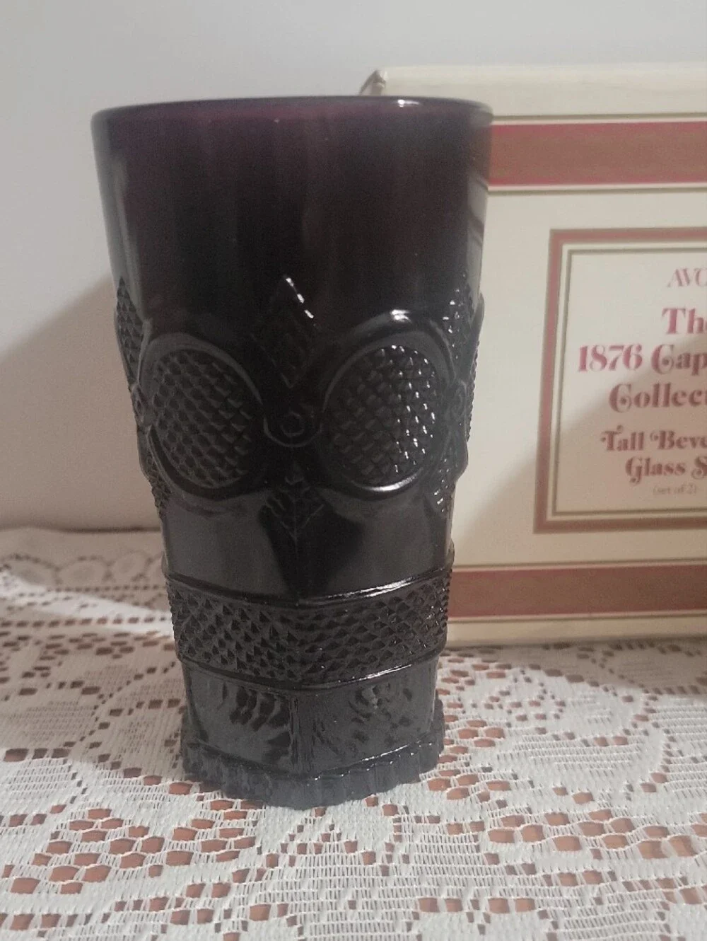 Avon 1876 Cape Cod Collection Ruby Red Tall Bevwrage Glass Set